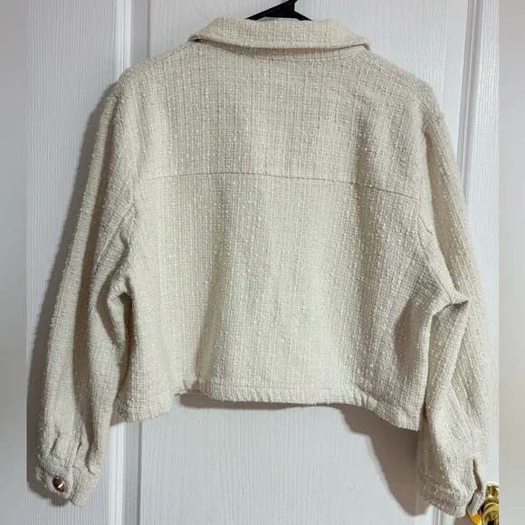 Zara Tweed Textured Gold Buttons Pockets Spring Cream Blazer Jacket Size Large - Picture 9 of 11